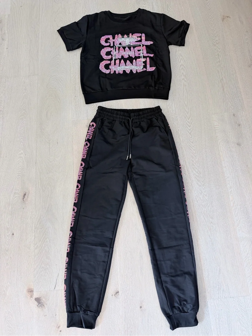 CHANEL Black Tee and Joggers with Pink Logo Detailing size S/M